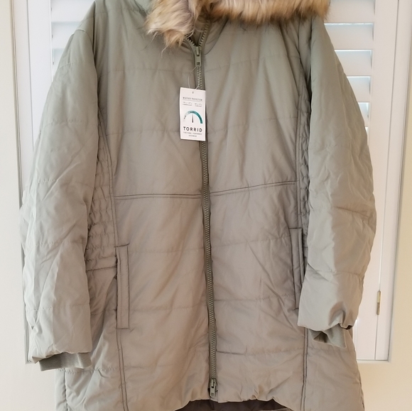 Sz 2 Torrid Sage Green Winter Coat w/Faux Fur Lined Hood - Picture 2 of 16